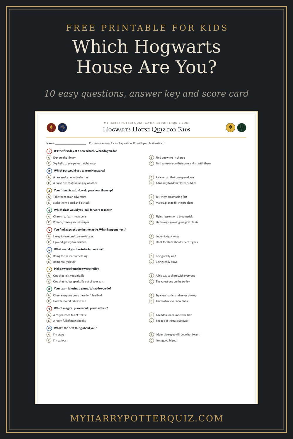 Free printable Hogwarts house quiz for kids, 10 easy questions with answer key