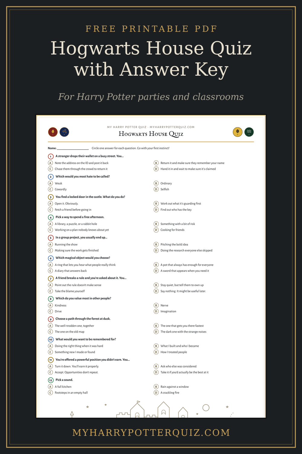 Free printable Hogwarts house quiz with answer key, for Harry Potter parties and classrooms